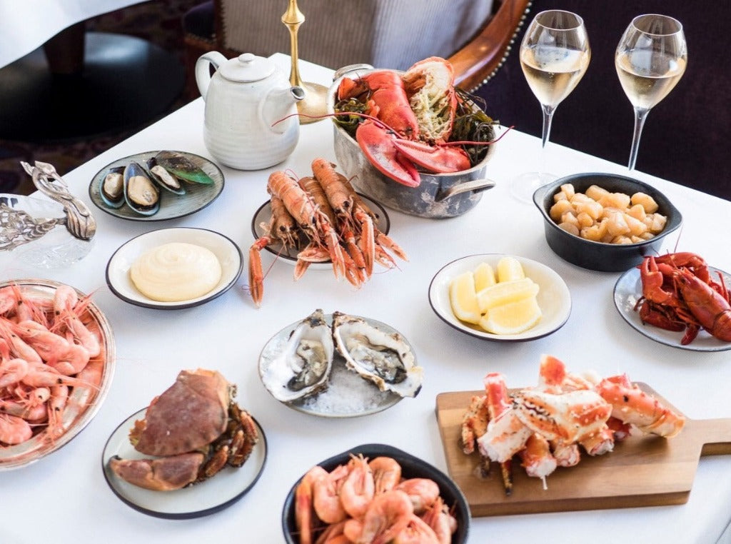 seafood, lobster, crab, prawns, langoustine, lemon, mussels