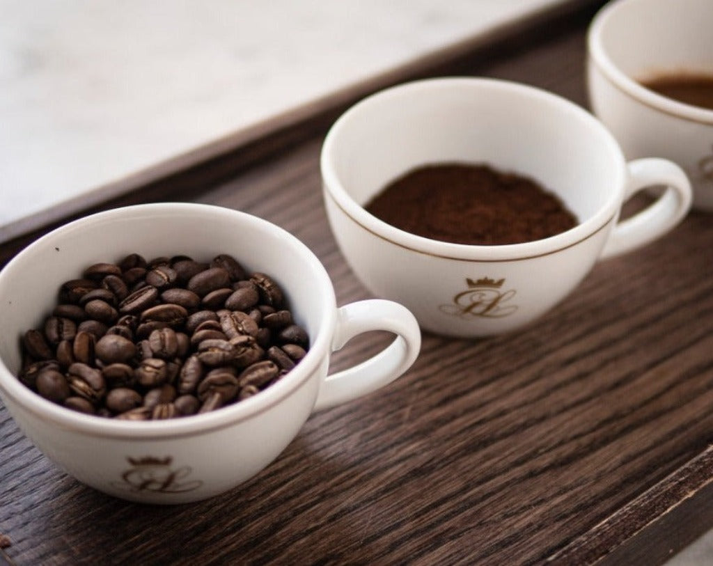 Coffee beans, ground coffee, Grand Hotel cups